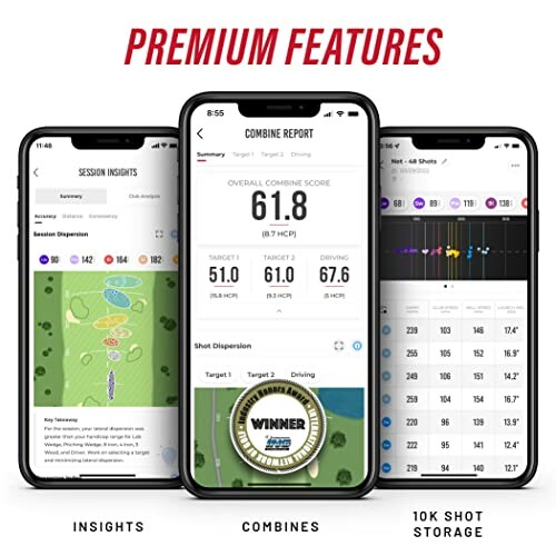 Three smartphones displaying golf app premium features including session insights, combine report, and 10K shot storage.