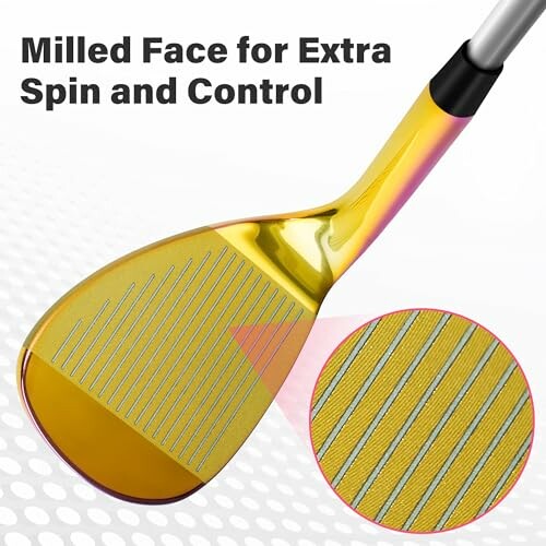 Close-up of a golf club with milled face for spin and control.