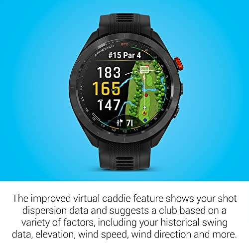 Smartwatch displaying golf course data and features.