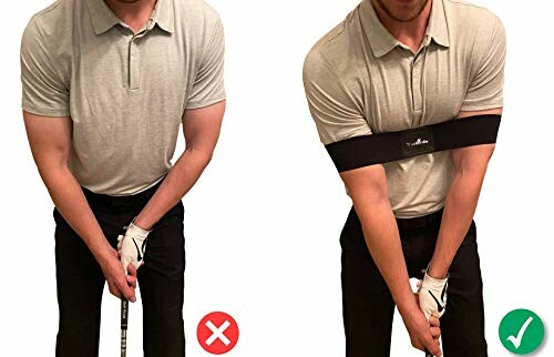 Man demonstrating correct and incorrect golf swing posture using a training band.