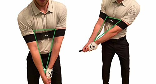 Two positions demonstrating a golf swing training aid in use.