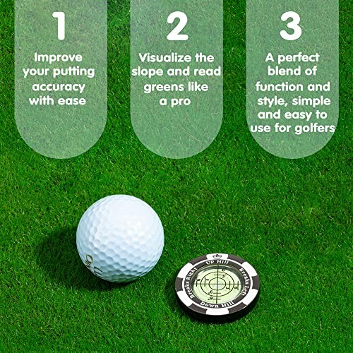 Golf ball and training aid on grass with instructions for better putting accuracy.