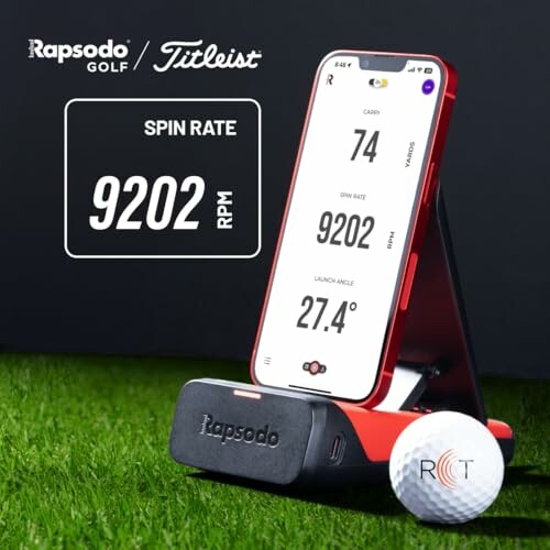 Rapsodo golf analyzer displaying spin rate and other metrics on a smartphone.